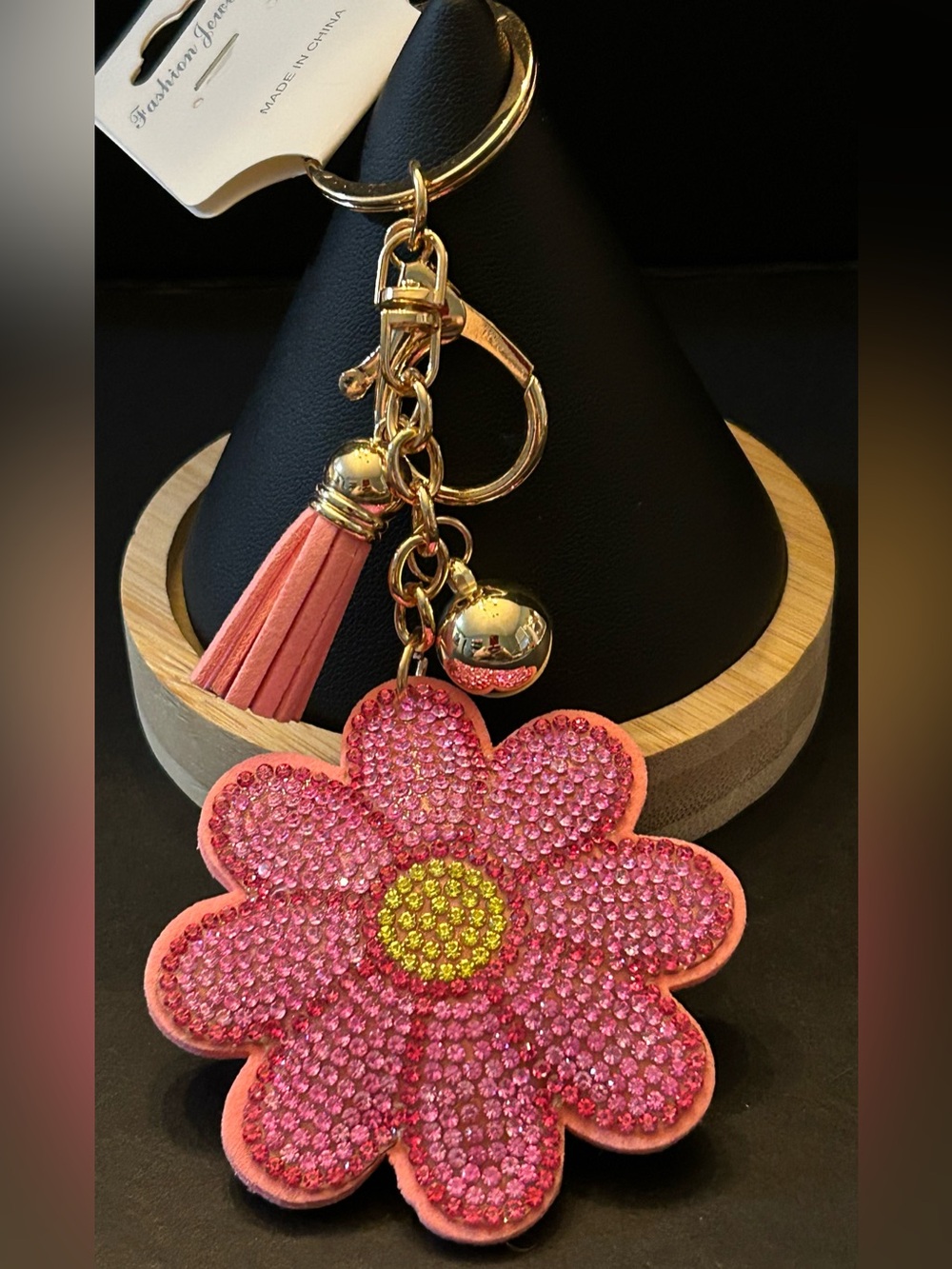 Pink & Yellow Crystal Daisy 🌼 Flower Bag Charm Keychain w/Tassel & Gold Hardware